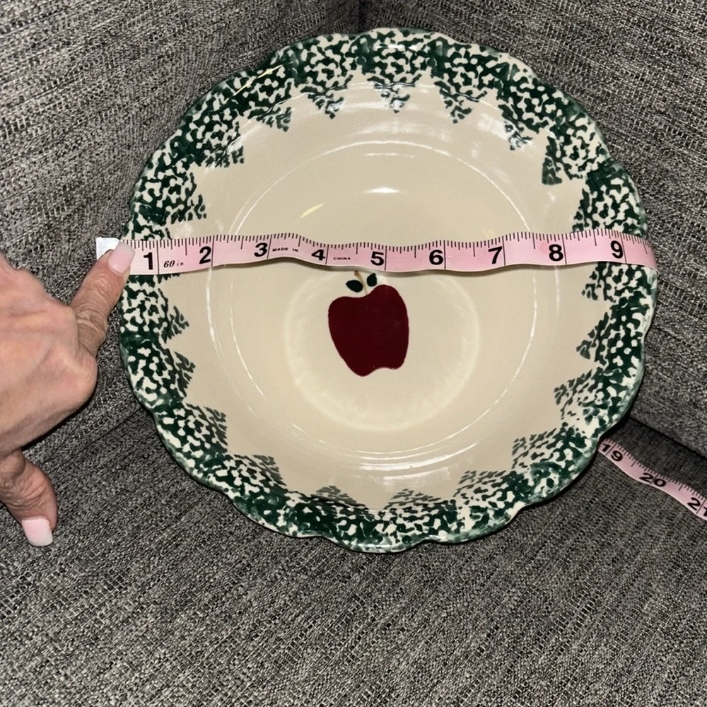 Folk Craft Stoneware Apple Serving Bowl Green Spongeware Vintage